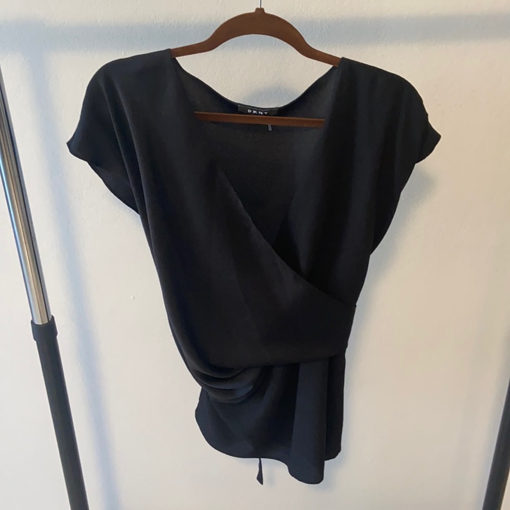DKNY, medium, wrap-around tie back black blouse.